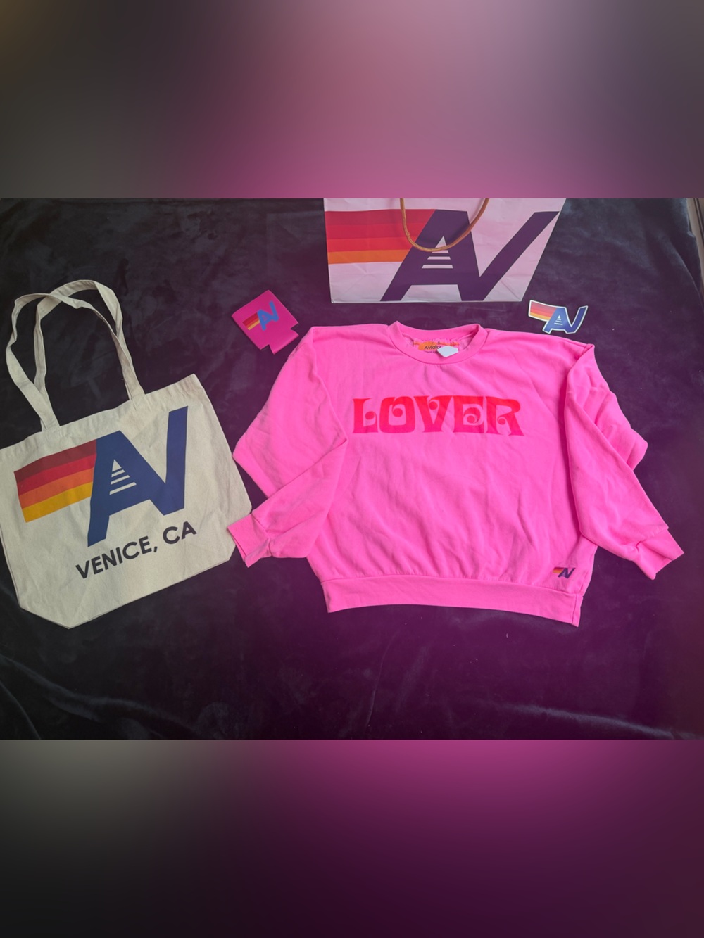 - NWT Aviator Nation Neon Pink LOVER Relaxed Crew Size Small + Tote Bag